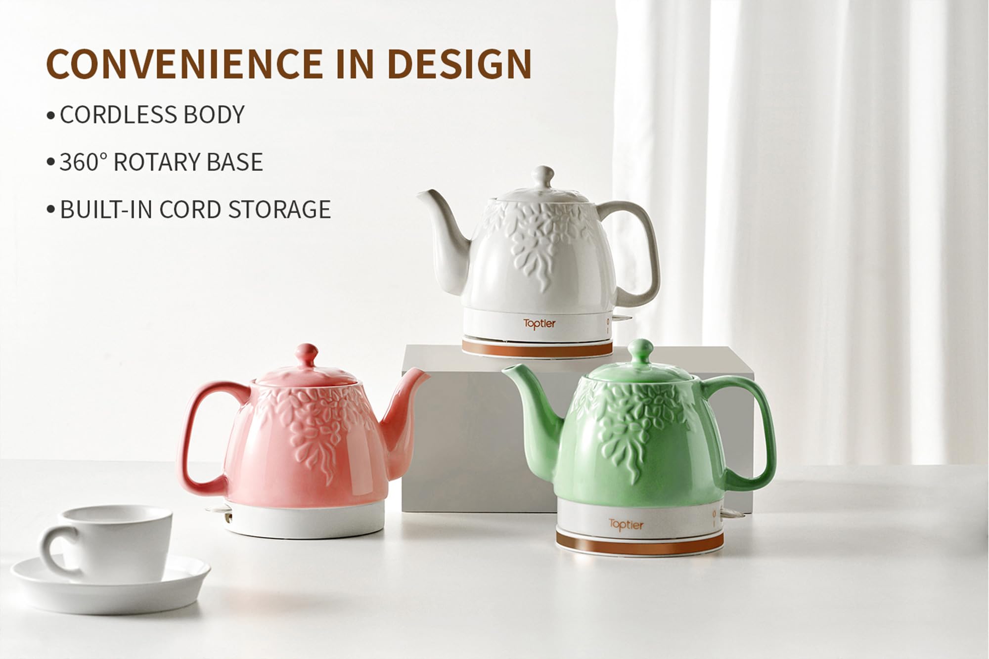 Toptier Electric Ceramic Tea Kettle, Boil Water Quickly and Easily, Detachable Swivel Base & Boil Dry Protection, Carefree Auto Shut Off, 1 L, Green Leaf