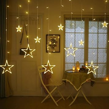 RedHoney 10 Stars 138 LED Curtain String Lights, Window Curtain Lights, Decoration for Diwali, Christmas, New Year, Party, Home, Patio Lawn, Warm White - Warm White