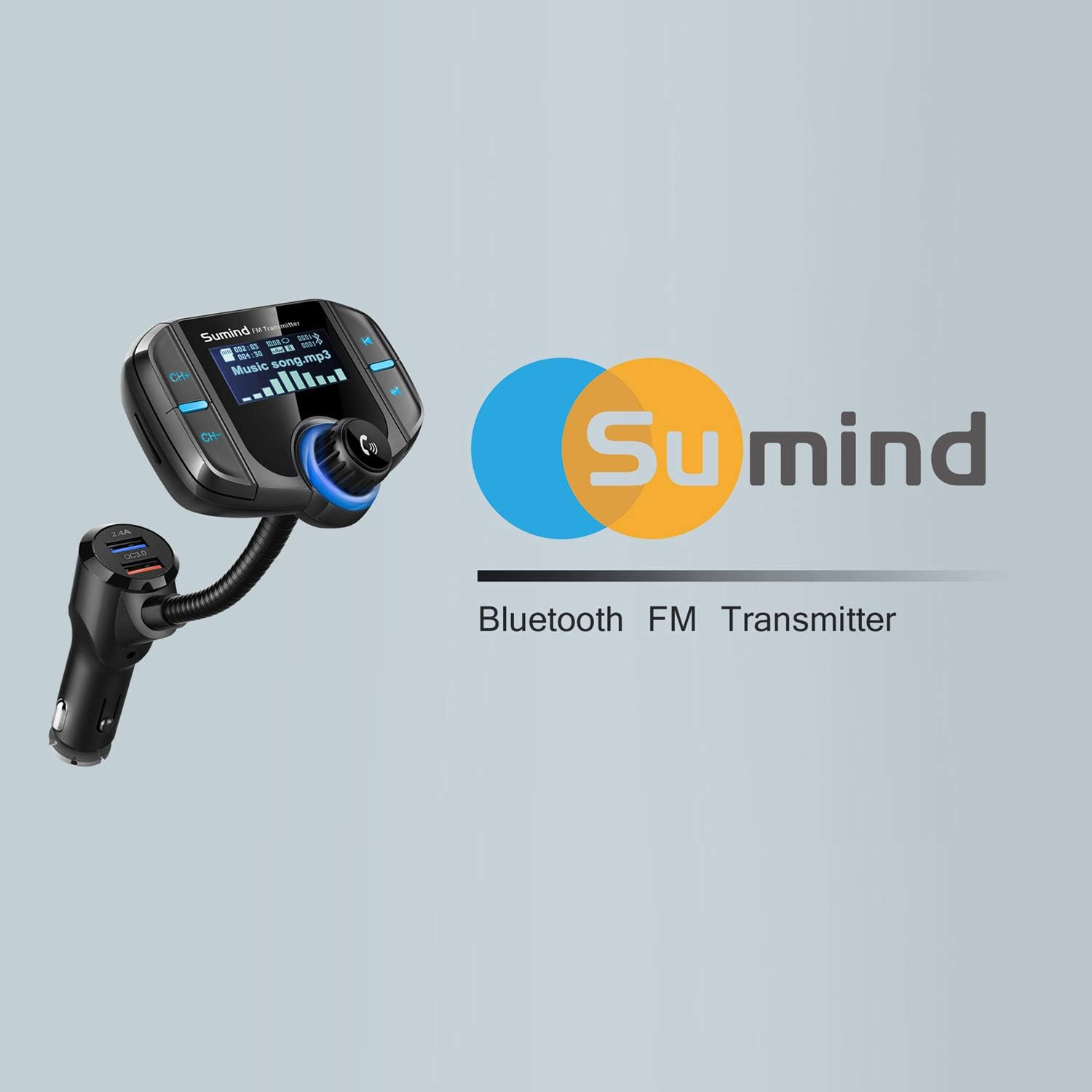 (Upgraded Version) Bluetooth FM Transmitter, Sumind Wireless Radio Adapter Hands-Free Car Kit with 1.7 Inch Display, QC3.0 and Smart 2.4A Dual USB Ports, AUX Input/Output, TF Card Mp3 Player