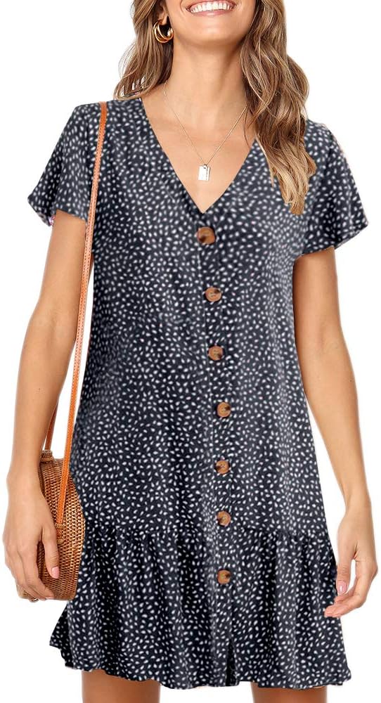 ImystyWomens Polka Dot V Neck Button Down Ruffles Loose Mini Short T-Shirt Dress