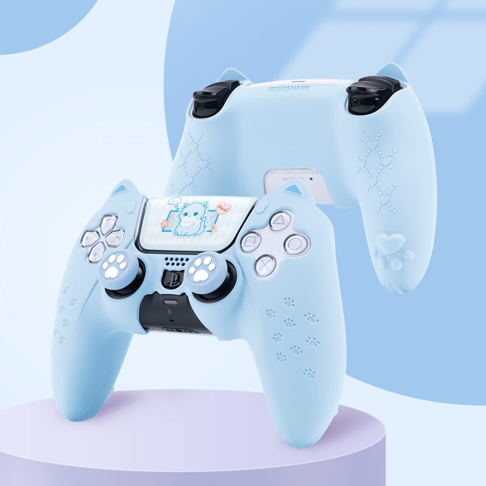 GeekShare Cute Cat Paw PS5 Controller Skin Set Anti-Slip Silicone Protective Cover Skin Case for PS5 Wireless Controller with 2 Thumb Grip Caps and 1 Sticker (Blue)