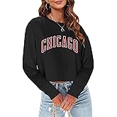 Sumtory Women Long Sleeve Crew Neck Sweat Shirts Loose Fit Letter Print Pullovers Crop Tee Tops Chicago Black M