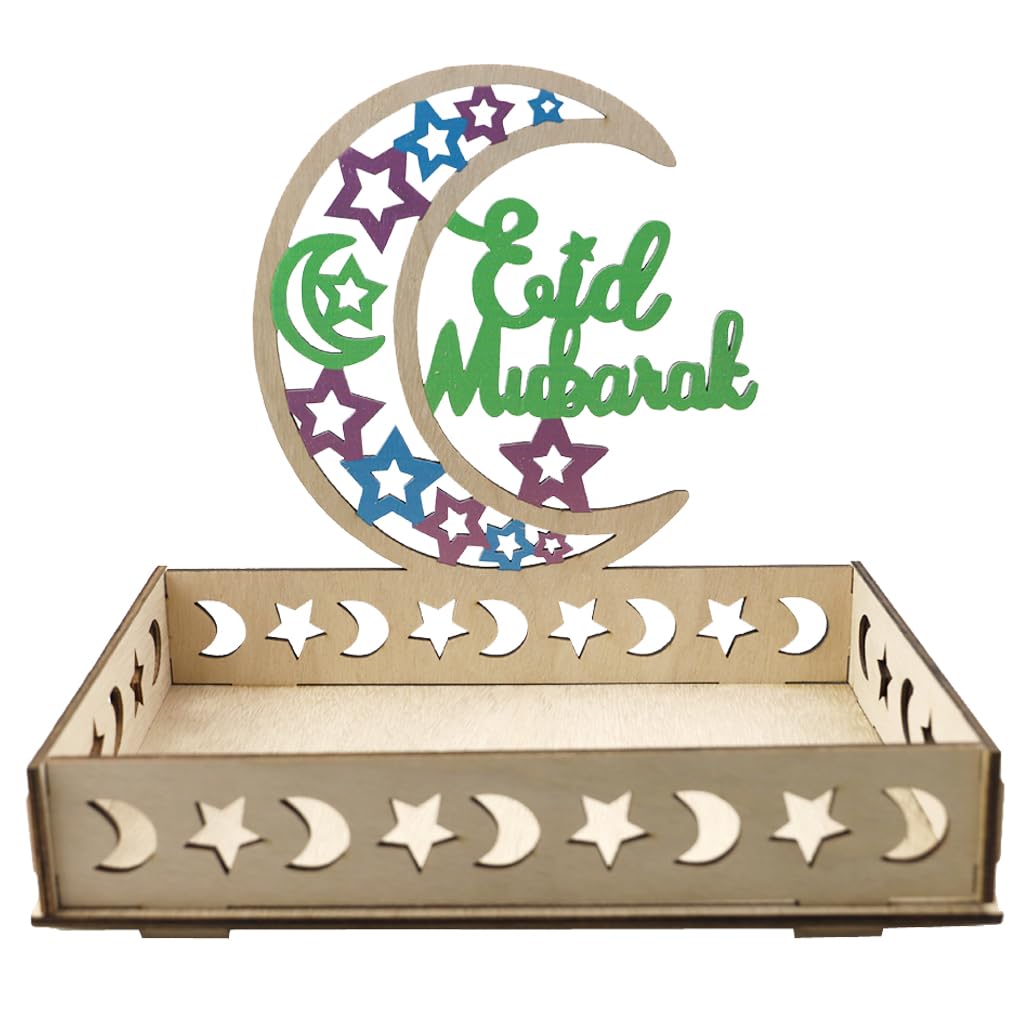 Photo 1 of KYMY Eid Mubarak Dessert Tray, Muslim Rectangle Wooden Eid Mubarak Moon Star Plate Tray for Islamic Muslim Festival Party, Dessert Food Fruit Storage for Ramadan and EID Mubarak Home Party Supplies