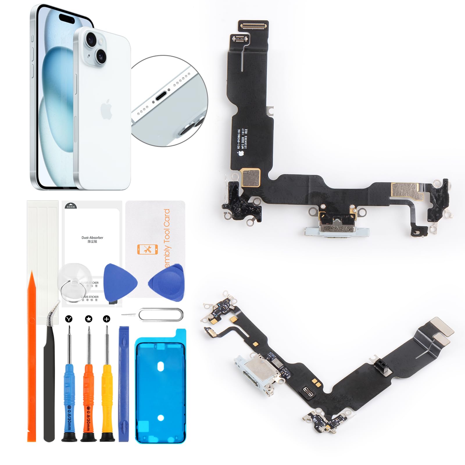 Photo 1 of Olivechard OEM Original for iPhone 15 Plus Charging Port Replacement (Blue) Lightning USB Dock Connector Flex Cable Assembly Includes Waterproof Tape & Tool Kit for A3094, A2847, A3093, A3096