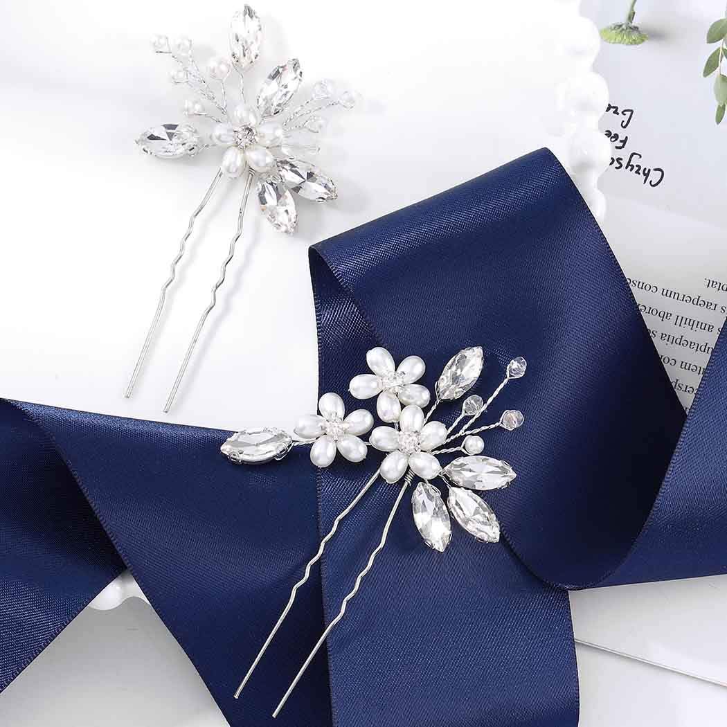 Drecode Bridal Wedding Hair Pins Silver Crystal Pearl Sparkly Rhinestones Hairpin Flower Bride Hair Accessories for Women and Girls(Pack of 2) (Silver) : Beauty