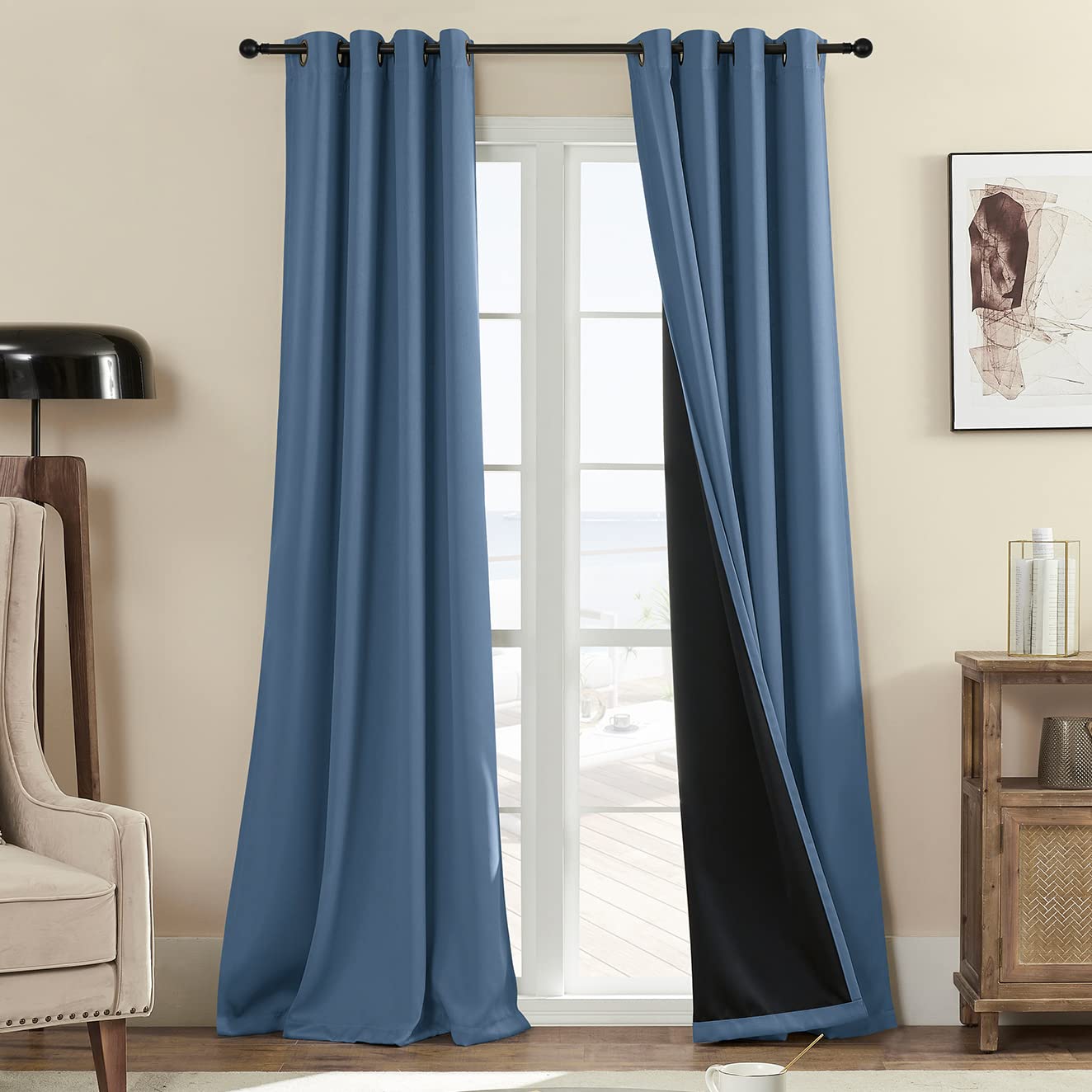 Rutterllow 100% Blackout Curtain 84 Inch Length 2 Panels Set, Room Darkening Thermal Insulated Window Treatment for Bedroom, Noise Reduction Privacy Drapes with Grommet Top for Living Room(Stone Blue) Image