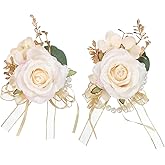 uxcell Wrist Corsage and Boutonnieres Set, Artificial Flowers Corsage Wristlet for Wedding Bride Groom Ceremony Anniversary Prom Party, Champagne