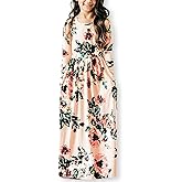 21KIDS Girls Maxi Dress Floral 3/4 Long Sleeve Dresses with Pockets for Girls 6-12 Years