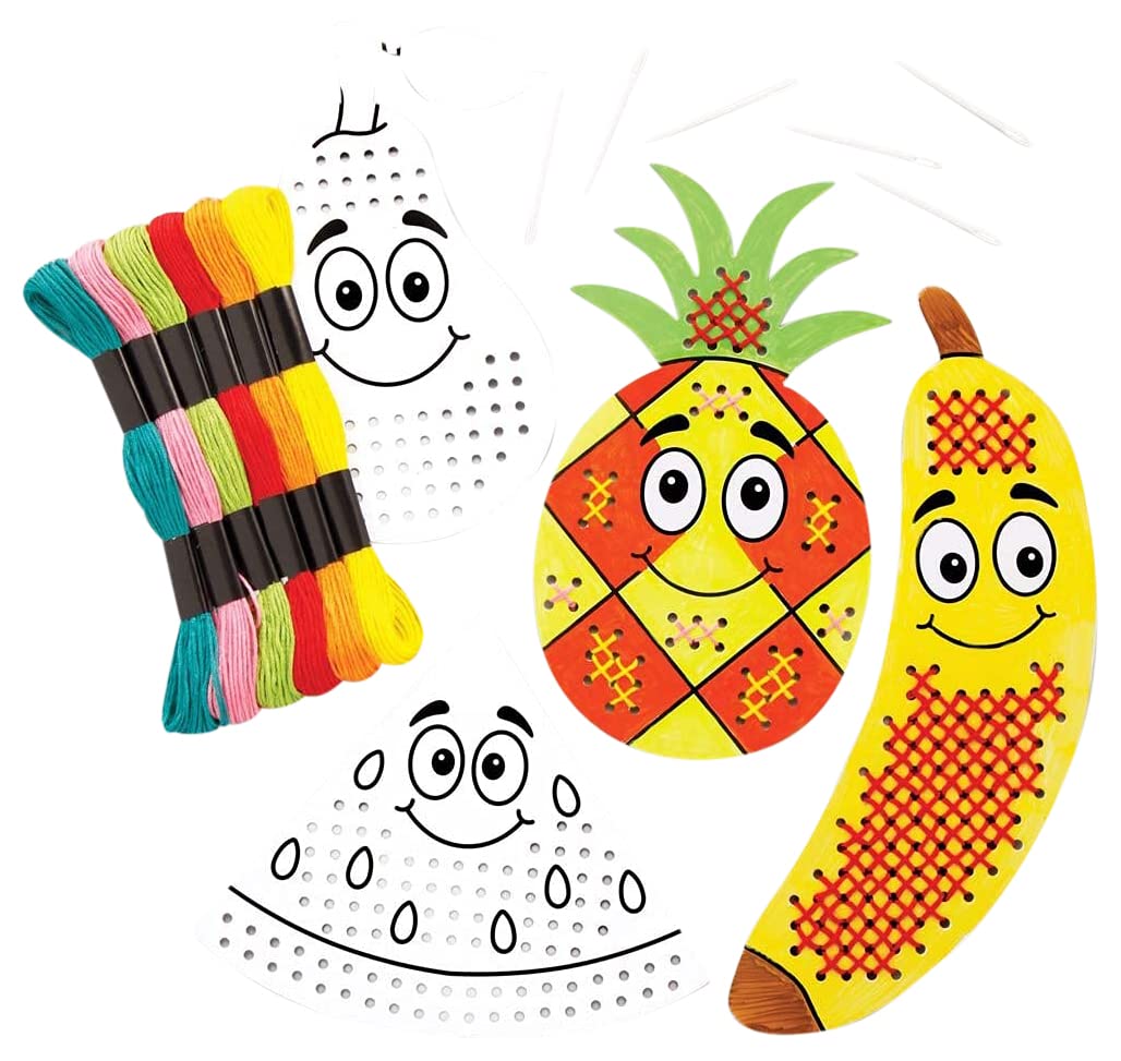 Baker Ross FE471 Fruit Colour-in Cross Stitch Kits - Pack of 6, Sewing for Beginners, Make Your Own for Kids, Cross Stitch for Children