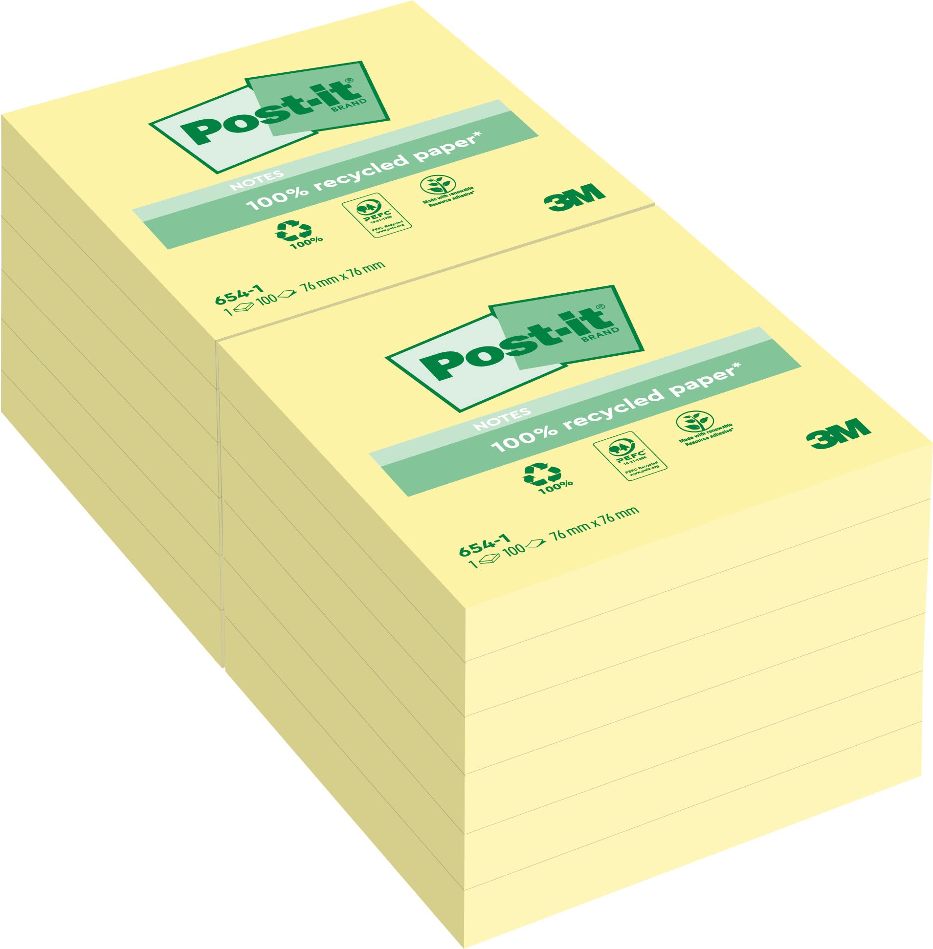 3M Post-it Notes made from 100% recycled material, 76x76mm in canary yellow with 100 sheets per pad, Pack of 12