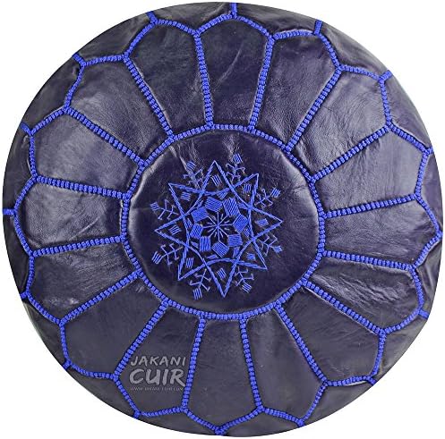 JAKANI Cuir Handmade Leather Moroccan Pouf Footstool Ottoman | Genuine Leather with Hand Navy Blue Embroidered Navy Blue | Unstuffed.