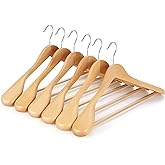 TOPIA HANGER Wide Shoulder Wooden Hangers, Suit Hangers with Non Slip Pants Bar & 360° Swivel Hook, Solid Wood Heavy Duty Coat Hanger, 6 Pack (Natural)-CT02NA