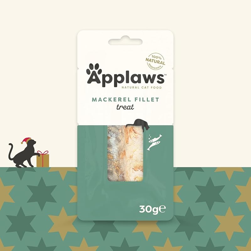 100% Natural Cat Treat Snack Whole Mackerel Loin para gatitos, adultos y gatos mayores - Paquete de 12 bolsitas de 30 g