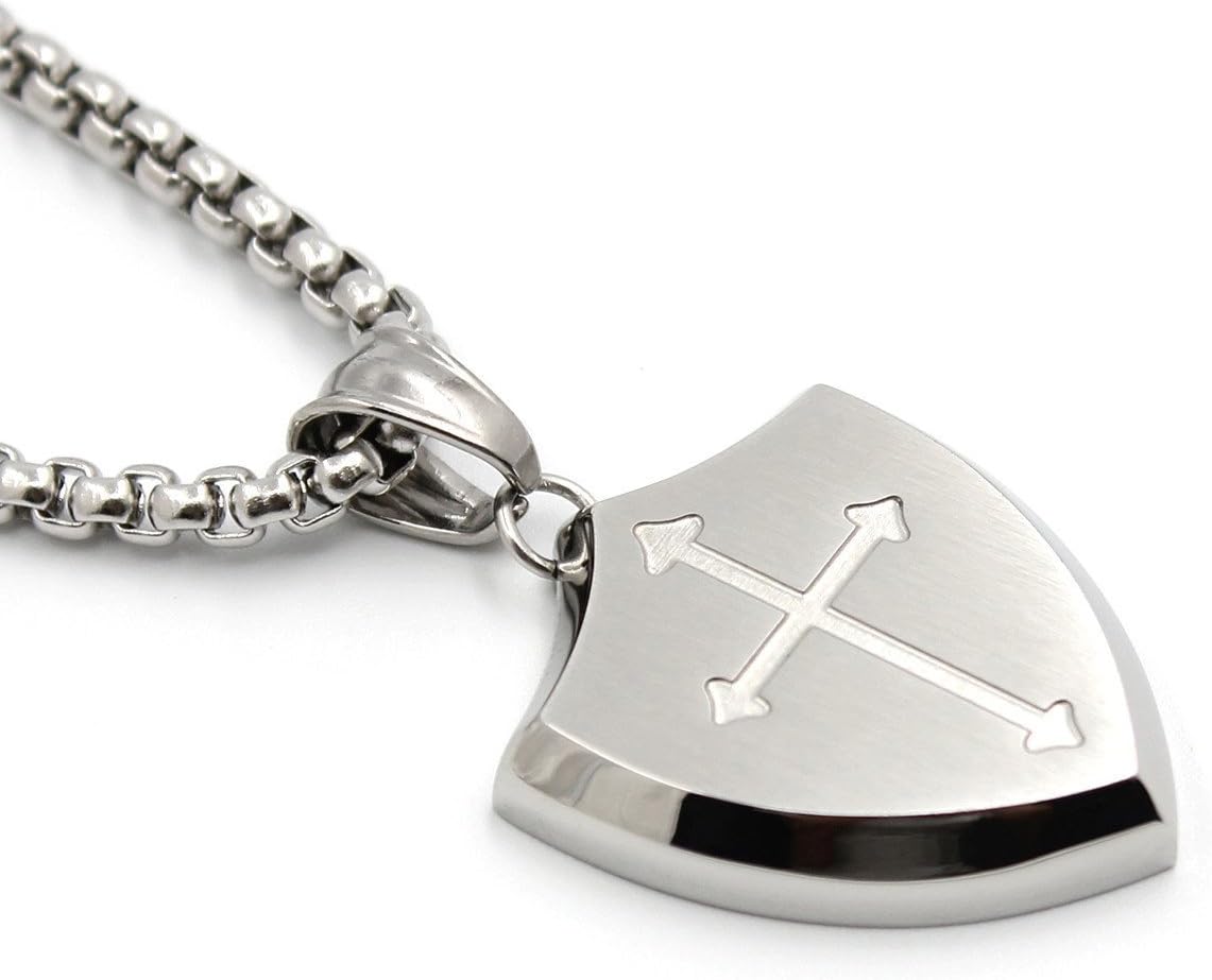VACANALA Mens Silver Shield Armor of God Joshua 1:9b,Faith Cross Stainless Steel Pendant Necklace