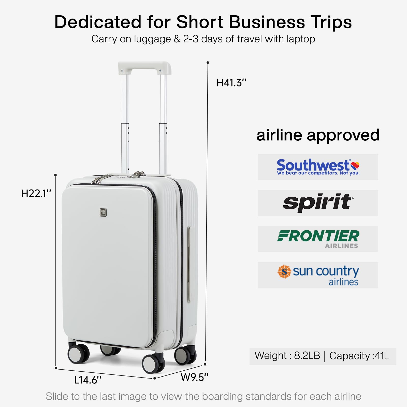 Hanke Grace Carry On Luggage with Wheels Airline Approved Hard Shell Suitcases with Front Pocket，Top Opening Luggage with TSA Lock for Short Business Travel，Smoke White.