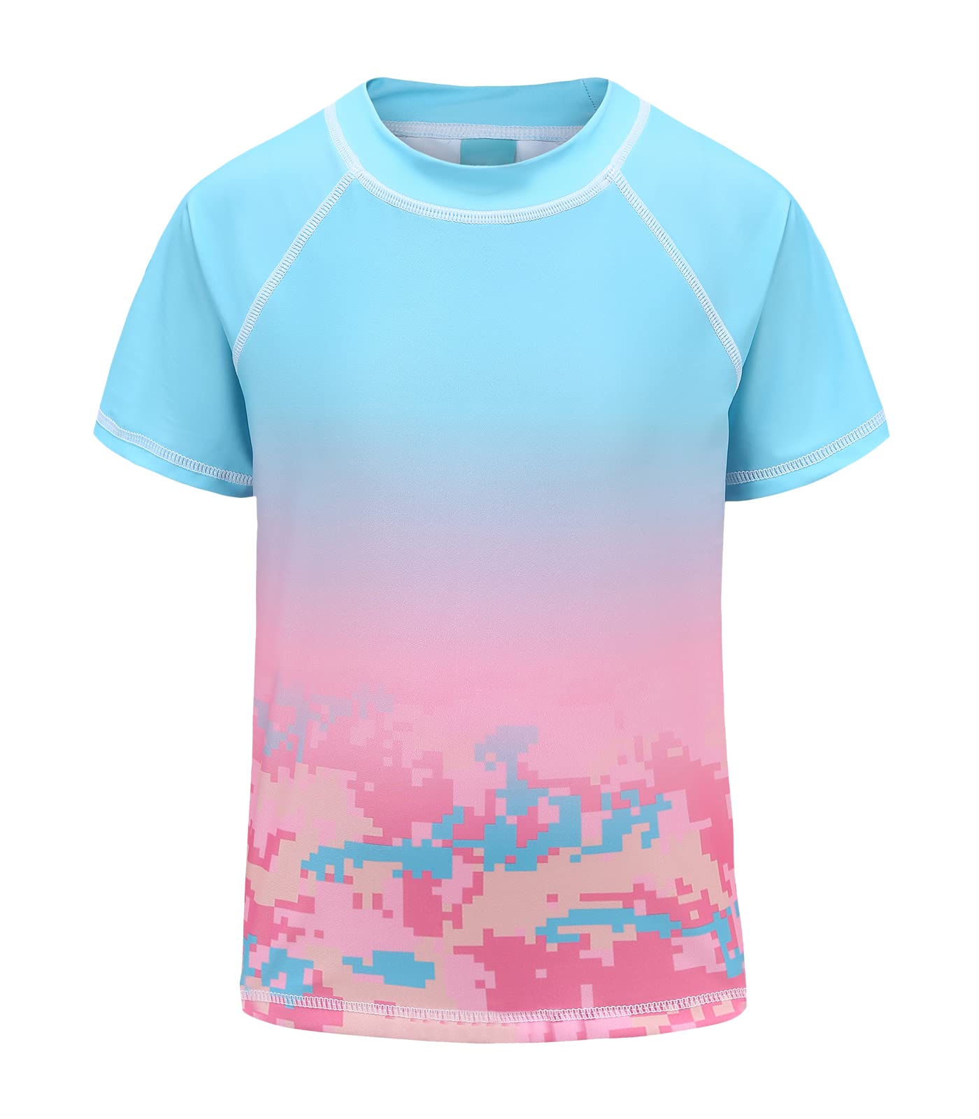 Photo 1 of Big Girls Rash Guard Swimsuits Short Sleeve Swim Shirt for Kids Girls One Piece Bathing Suit Swimwear Pink Blue Size 10/8-10 Years