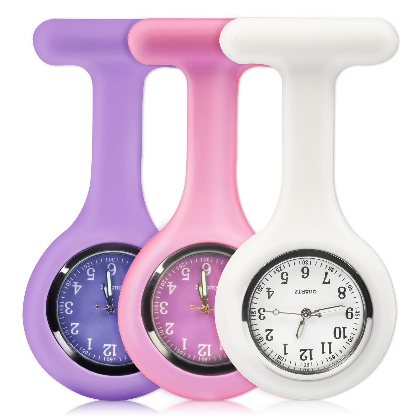 SibyTech Set of 3 Nurse Watch Brooch, Silicone with Pin/Clip, Infection Control Design, Health Care Nurse Doctor Paramedic Medical Brooch Fob Watch,Purple White and Pink