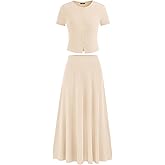 PRETTYGARDEN Women's 2 Piece Skirt Sets Summer Short Sleeve Button Up Knit Crop Top Flowy Maxi Skirts Travel Vacation Outfits