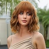 iAelev Light Brown Curly Bob Wig with Bangs Short Wavy Wigs for Women Bob Style Synthetic for Everyday Hairstyle 12 Inch wig for Daily Party Use