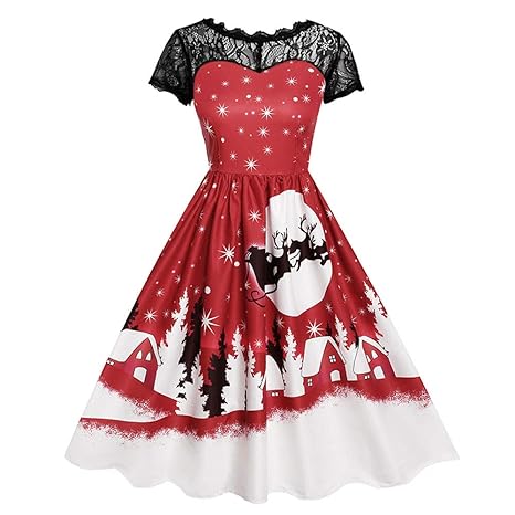 MIRRAY Damen Weihnachten Abendkleider Vintage Spitze Kurzarm Gedruckt Weihnachtsfeier Swing Kleid Rot Grün Lila Blau