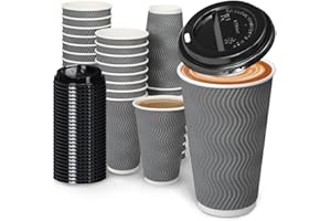 BYSNOW 16oz Coffee Cups with Lid, 100 Pack Insulated Ripple Paper Cups, Disposable Coffee Cups for Water, Juice, Coffee (Gray 16oz)