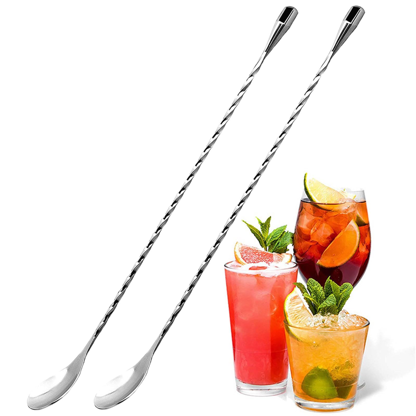 Set of 2 Mixing Spoon Stainless Steel Professional Cocktail Bar Tool Japanese Style Teardrop End Design for Ice Cream, Coffee, Milkshakes, Juice, Tea, Drink