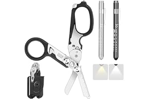 Lenporl 6 In 1 Multi-function Trauma Shears Foldable with Compatible Holster and Penlights,Emergency Rescue Shears with Strap Cutter and Glass Breaker for Outdoor Medical Scissors Tools Black
