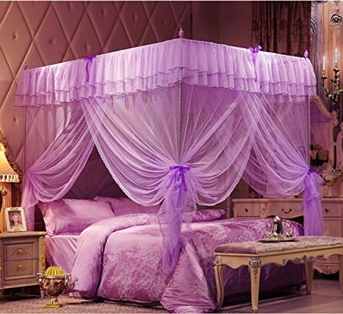 IFELES Mosquito Net Bed Canopy-Lace Luxury 4 Corner Square Princess Fly Screen, Indoor Outdoor (TWIN, PURPLE)