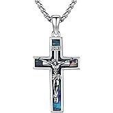 YEESIA Crucifix Necklace 925 Sterling Silver Jesus/Orthodox Cross Pendant Gold Plated Necklace Abalone/Turquoise/Malachite Cross Jewelry Gift for Men Women Friend Brother