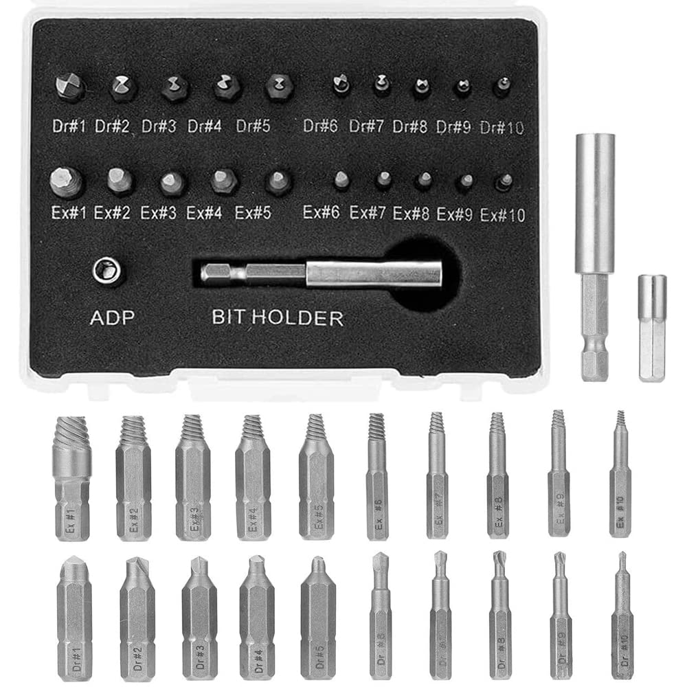 Mesee 22 Pieces Damaged Screw Extractor Kit, Screws Extractor Drill Bit Broken Bolt Quick Stripped Remover Set with Magnetic Extension Bit Holder and Socket Adapter
