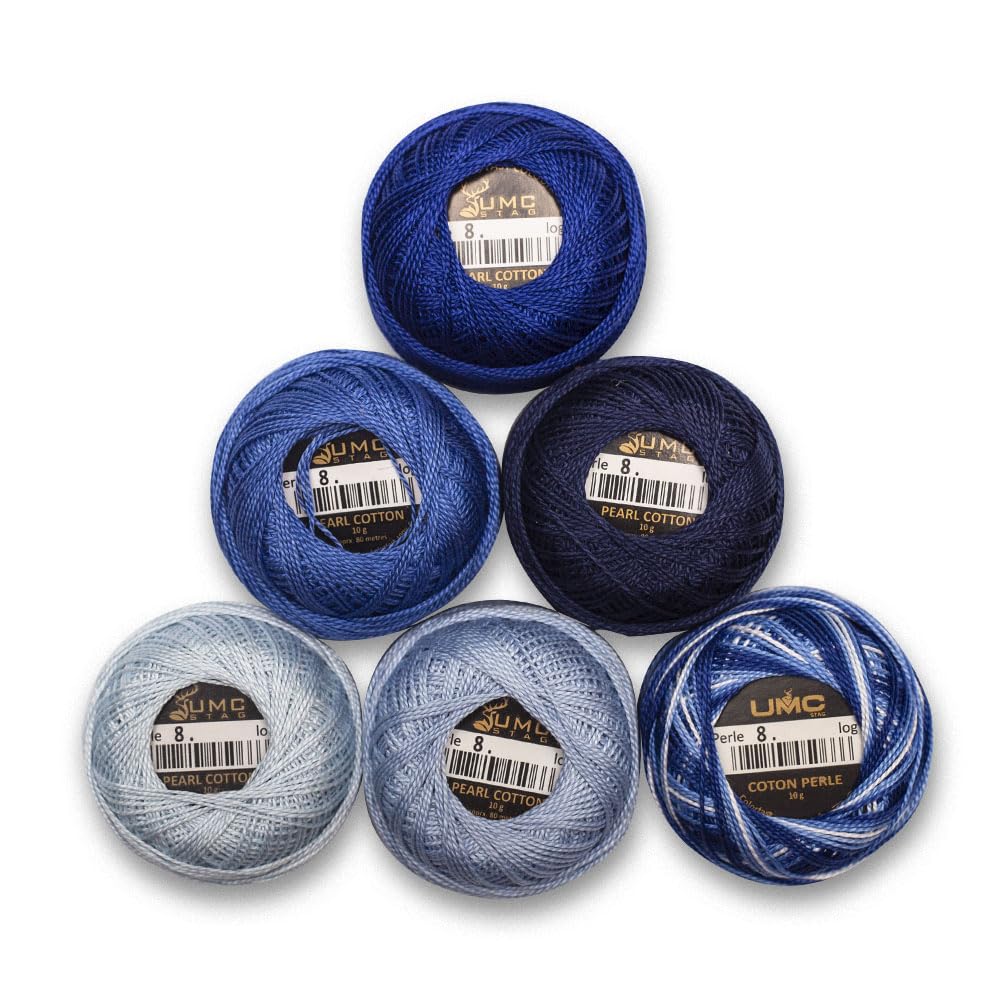 UMC STAG 6 Balls Premium Pearl Cotton Embroidery Thread Size 8 | 100% Egyptian Cotton Crochet Yarn | Cross Stitch Embroidery Yarn | Oeko TEX Certified | 10 Grams per Ball (Blue Tones)