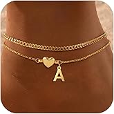 SLOONG Gold Initial Anklet Bracelets for Women, 14k Gold Plated Layered Letter A-Z Heart Anklet Dainty Trendy Waterproof Summer Beach Jewelry Gifts for Women