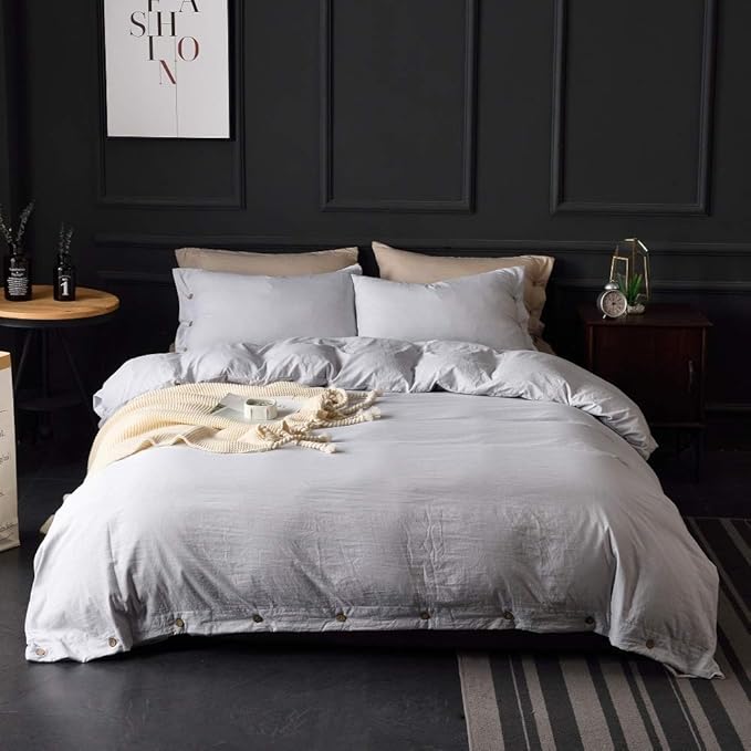 M&Meagle Grey Duvet Cover King(104x90 Inch) with Buttons,3 Pieces (1 Duvet Cover, 2 Pillowcases) 100% Stone Washed Microfiber Solid Color Bedding Set for Women,Men,Boys and Grils