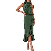 KIRUNDO Women 2026 Spring Summer Satin Mock Neck Wedding Guest Party Cocktail Midi Dress Sleeveless Wrap Ruffle Formal Dress