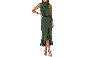 KIRUNDO Women 2025 Summer Fall Satin Mock Neck Wedding Guest Party Cocktail Midi Dress Sleeveless Wrap Ruffle Formal Dresses