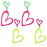 2 Pairs 80s 90s Neon Heart Earrings for Women, Acrylic Retro Drop Dangle Earring Rainbow Neon Jewelry Outfit for Women Glow Party Accessories Gifts Hot Pink Green Yellow