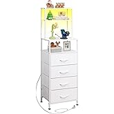 WLIVE Tall Nightstand with Charging Station, LED Night Stand with 4 Drawers and Storage Open Shelves, Fabric Dresser for Bedroom, Living Room, Office, White