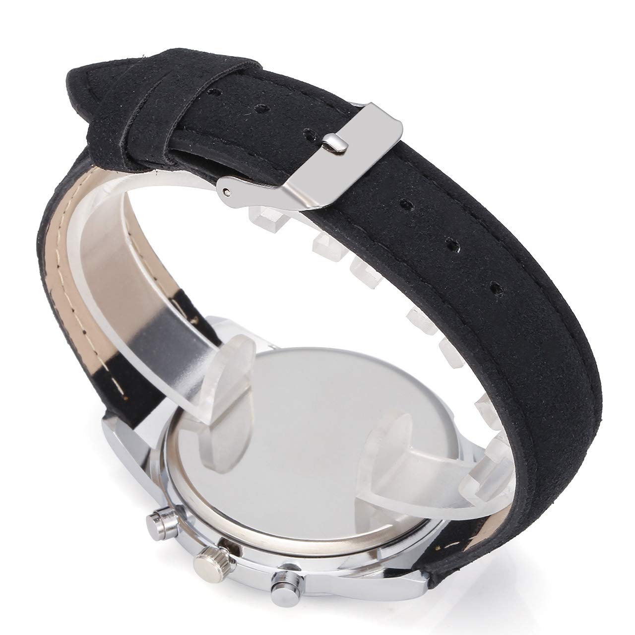 Top Plaza Mens Classic Leather Wrist Watch Casual Big Face Arabic Numerals Silver Case Analog Quartz Business Dress Watches - Black #2