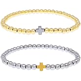 Tyebiva Gold Silver Beaded Stack Stretch Matching Bracelets Set for Women, Dainty 2 Pcs Boho Handmade Cross Stackable Couple Bracelet Fashion Jewelry Gift.