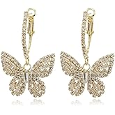 Fanquility Crystal Butterfly Drop Dangle Earrings Chic Round Circle Open Earrings Tiny Cute Sparkly Rhinestone Drop Hoop Earrings Jewelry Gift for Women Girls