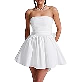 LuFeng Women's Strapless Mini Dress Ruched Sleeveless Off Shoulder A-Line Pleated Short Dress with Oversized Bow