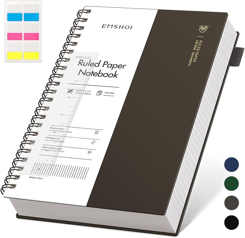 EMSHOI A4 Notebook 300 Pages Spiral 100gsm PVC Cover 21.5x27.9cm Coffee