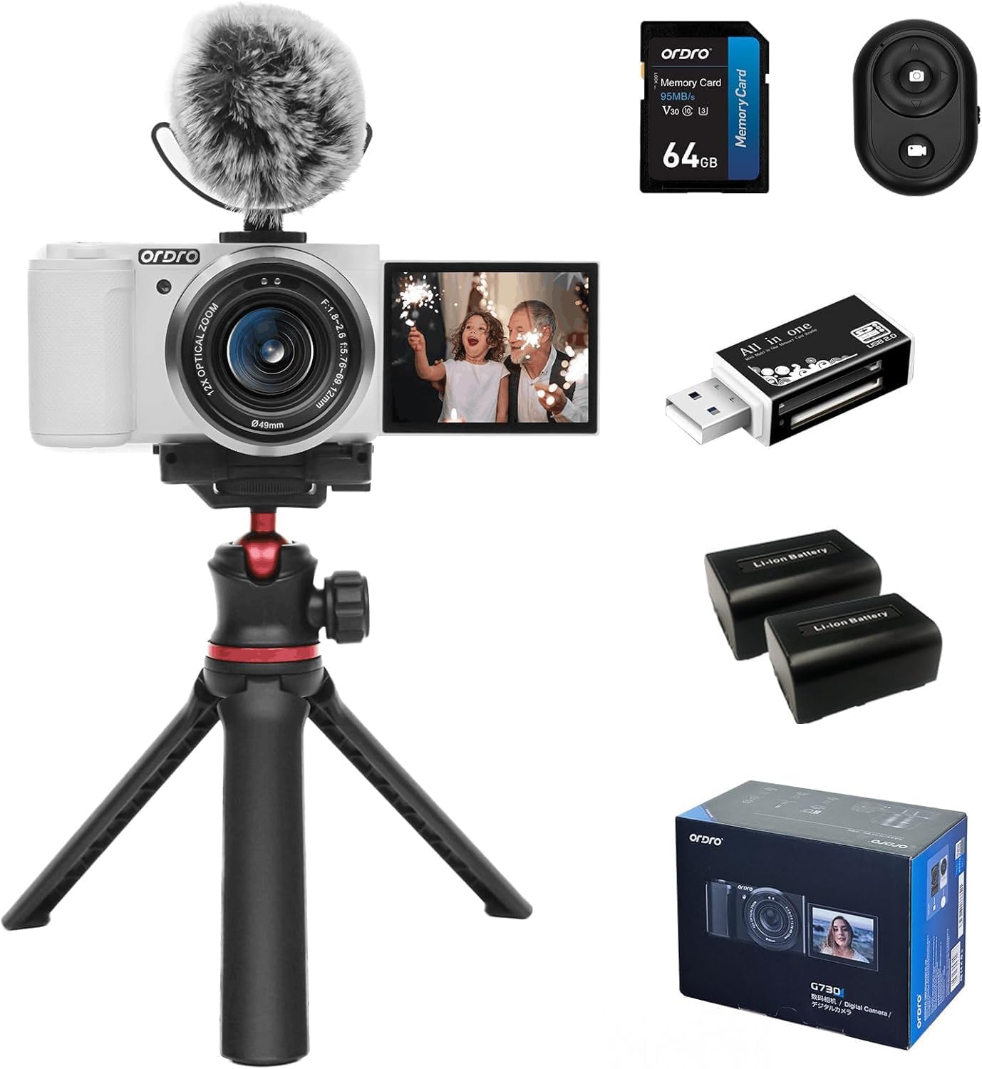 ORDRO G730 5K Digital Camera for Content Creators and Vloggers, Compact Flip Screen Camera with Auto Focus, 64GB Card (Family Bundle, White)