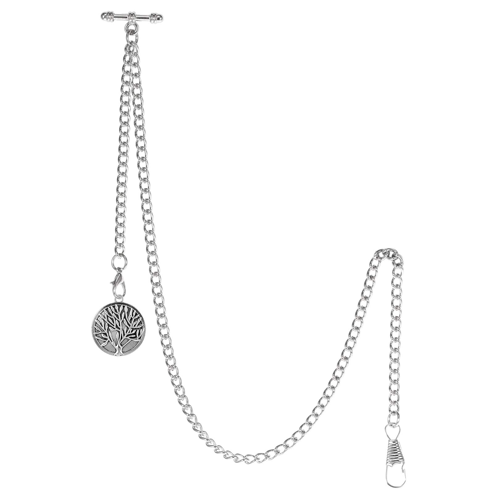 TREEWETO Pocket Watch Chain with T Bar End Albert T-Bar Pocket Watch Chain with Antique Tree of Life Pendant and 2 Hooks for Vest Buttonhole Silver