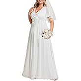 Ever-Pretty Plus Women's V Neck Ruffles Sleeves A Line Chiffon Applique Pleated Floor Length Plus Size Bridal Gowns