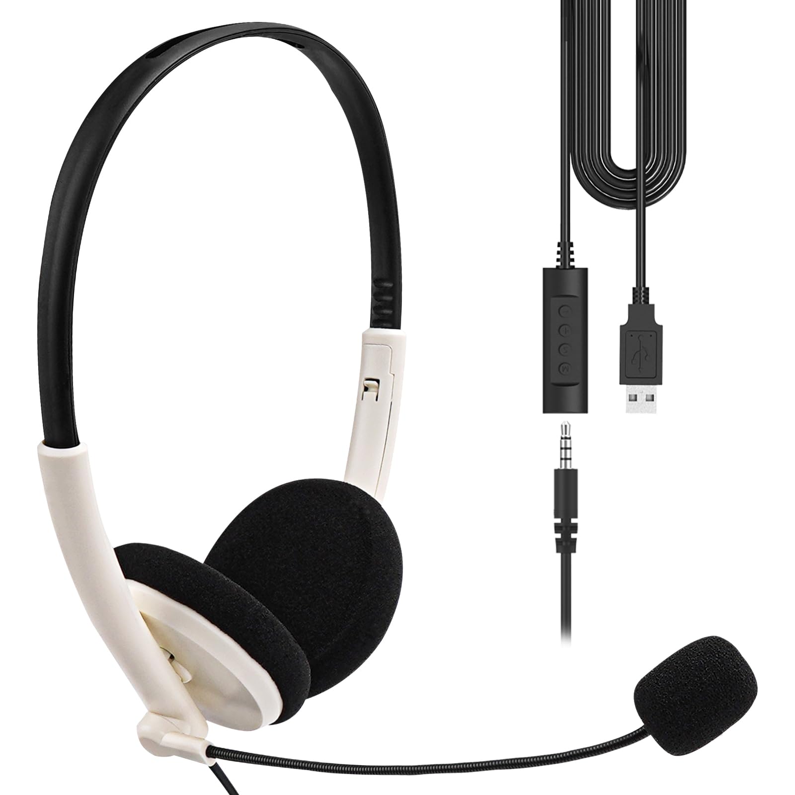Geekria USB Computer Headset with Boom Mic, Lightweight On-Ear Headphones with Mute & Volume Control, Detachable 3.5mm Cable for PC, Office, Call Center (White) — image 1