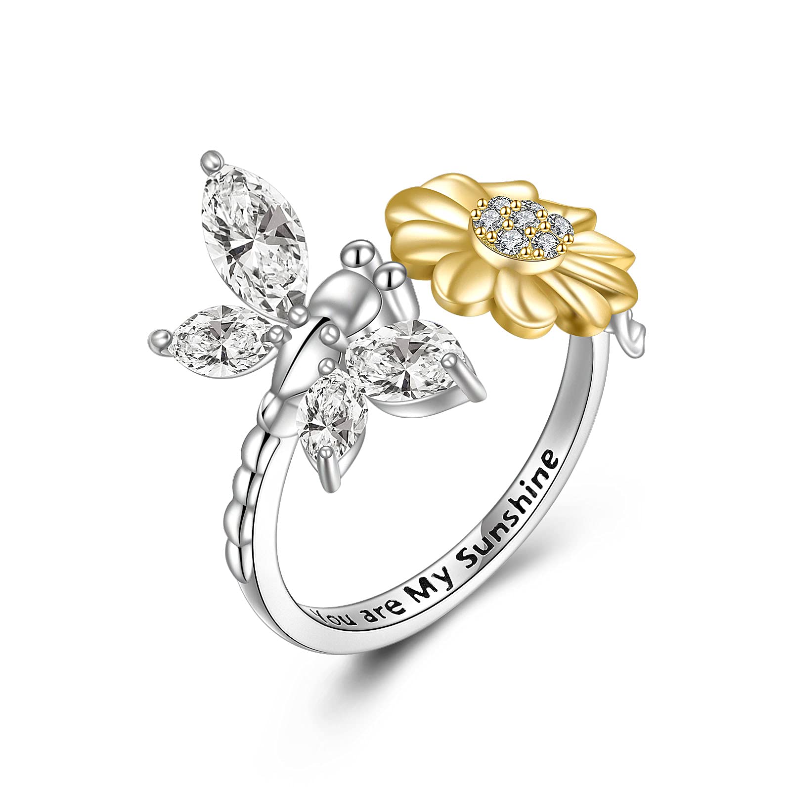 YFN Believe You Are My Sunshine Rings Sterling Silver Sunflower with Bee/Ladybird/Butterfly/Dragonfly Open Adjustable Ring for Women Girls (Dragonfly)