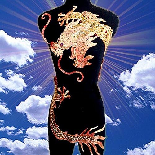 Big Dragon Gold Line Sequined Embroidery Patches Applique for Wedding Performing Clothes Evening Dress DIY Patches Size 120x60CM (Head for Left)