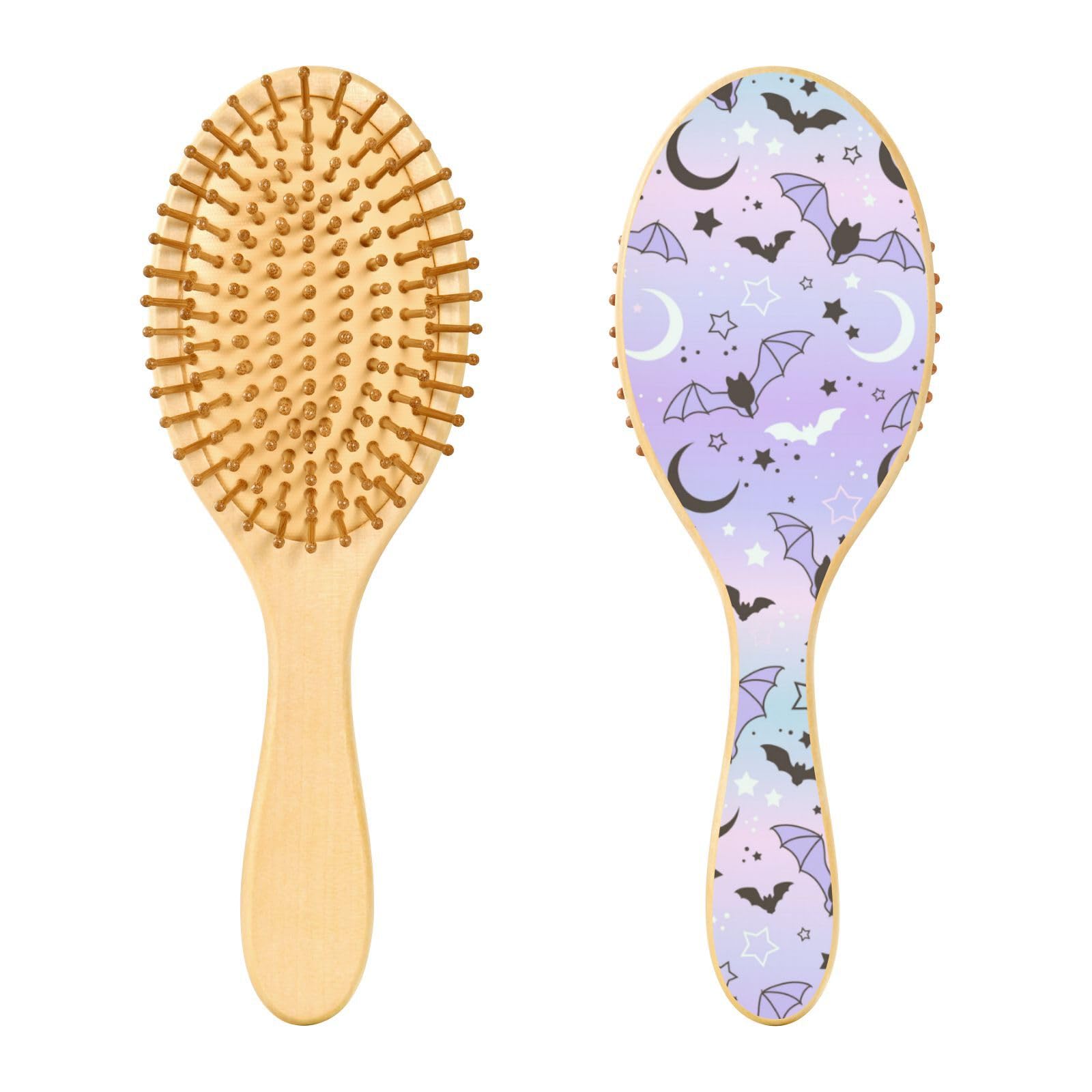 Wooden Hair Brush, Halloween Bat Moon Stars Hairbrush for Long Short Curly Thick Thin Hair,Women Men Boys Girls Hair Brush