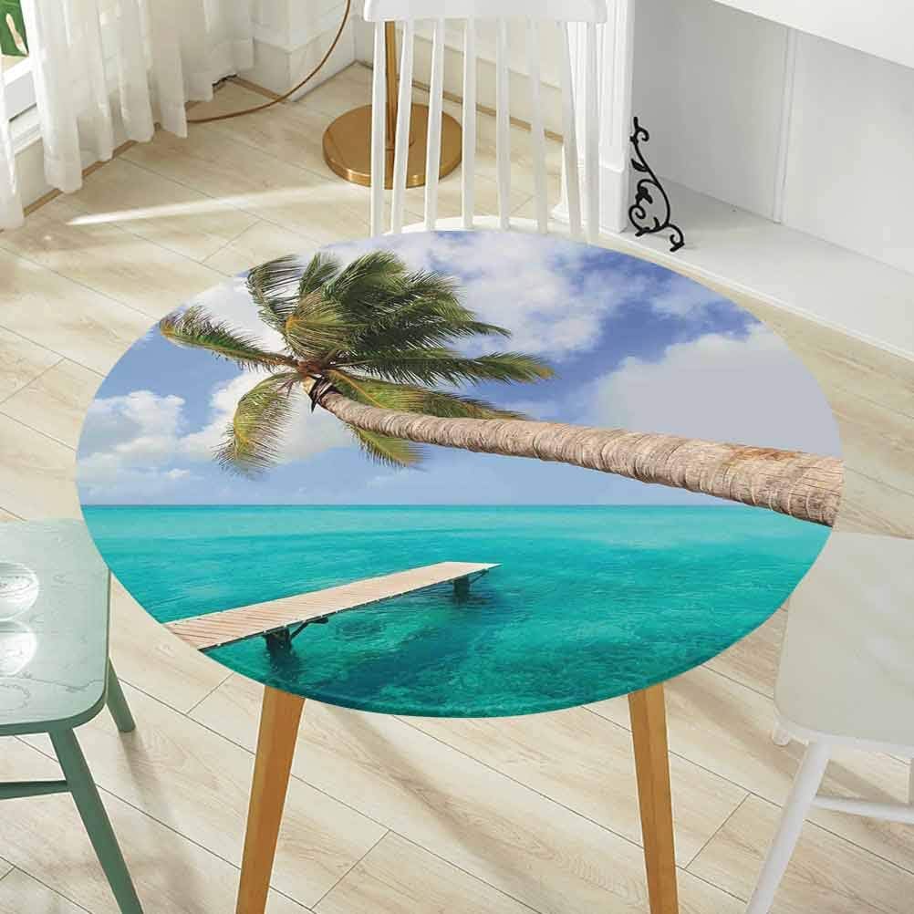 Round Tablecloth Diameter 48 Inch(Elastic Edge) Summer Tablecloth,Beach,Palm Tree